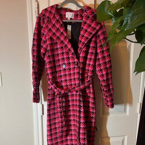 Women's Long Belted Coat Pink & Black Houndstooth Mid-Length Overcoat Large